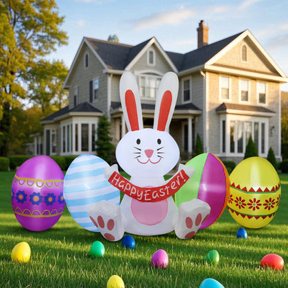DR.DUDU Easter Inflatables Outdoor Decorations, 7 FT Long Easter Bunny with Eggs, Happy Easter Decorations, Easter Blow up Yard Decorations for Garden Lawn Holiday Party