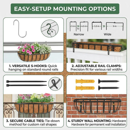 ZVOWOS 4 Pack 24" Railing Planter Window Box with Coco Fiber Liner Horse Trough Planter The Railing Planter Boxes for Deck Porch Fence Outdoor