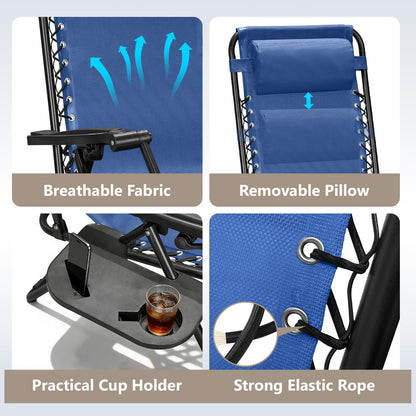 Zero Gravity Chairs Set of 2, Adjustable Lounge Chair Outdoor Recliner, Folding Reclining Lawn Chair, Anti Gravity Chair with Pillow & Cup Holder for Pool Camping Sunbathing Beach Patio (Blue)