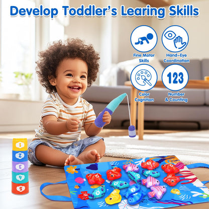 Arovan Montessori Toys for 1 Year Old - Cloth Fishing Game with Stacking Cups Toddler Toys for One Year Old Boy Girl First Birthday Gift - Sorting Learning Baby Toy 12-18 Months 1 2 Year Old