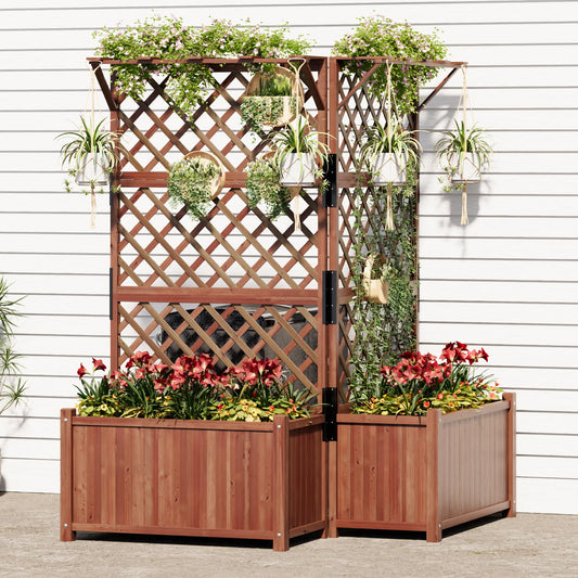 AMERLIFE 2 Pack Raised Garden Bed with Trellis for Vegetables, Climbing Plants, Durable Natural Wood Planter Box with Drainage Holes, Privacy Planter for Outdoor Yard & Patio, Easy Assembly