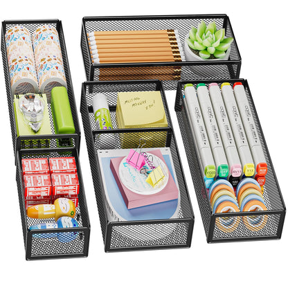 Marbrasse 5 Pack Desk Drawer Organizer Set, Mesh Drawer Storage Trays with 1 Adjustable Divider, Desk Organizers and Accessories, 5 PCS Drawer for Office Supplies, Makeup & Vanity (Black)