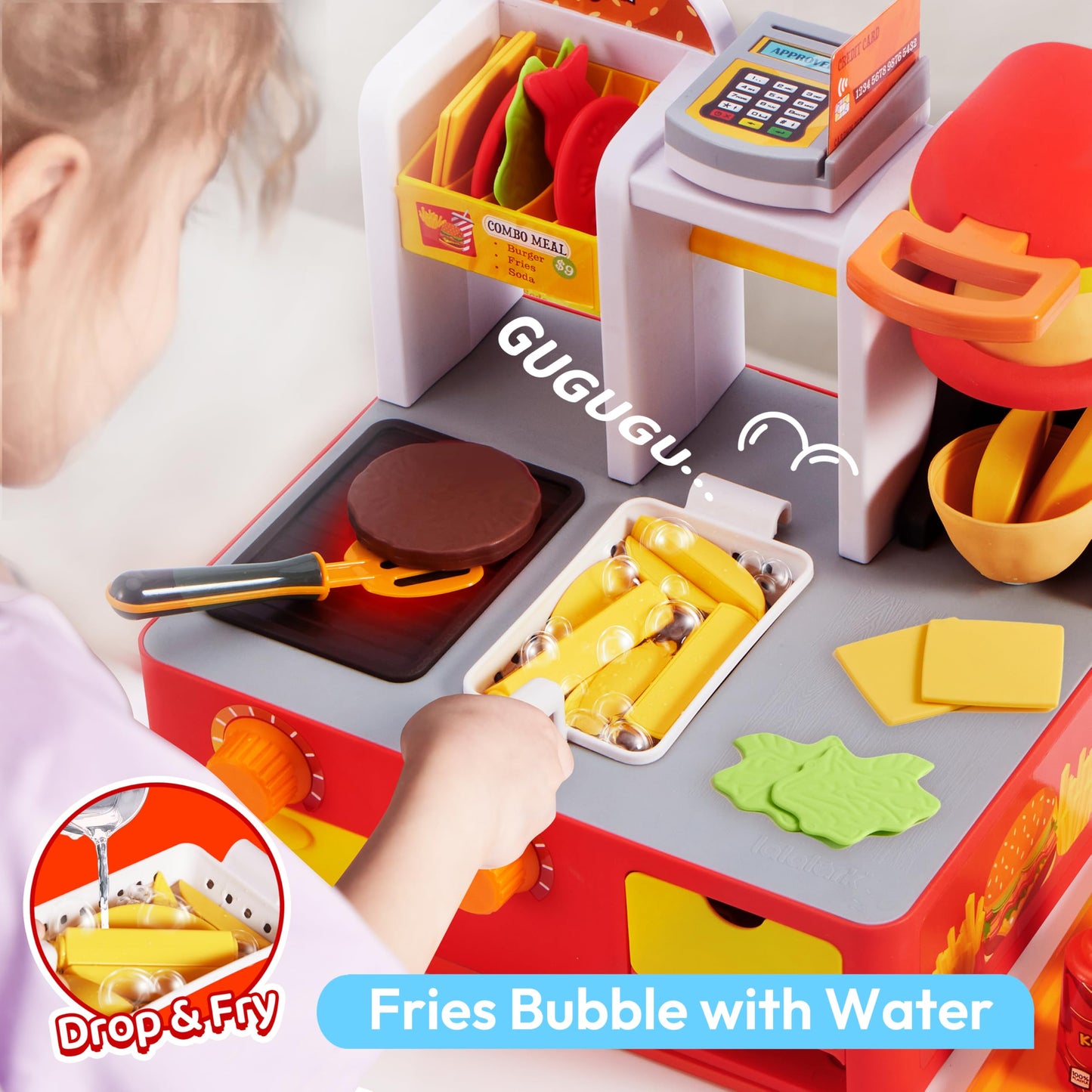 lalalark Restaurant Play Food Set Toy, 40+ PCS Fast Food Playset with Potato Cutter, Simulated Frying Effect & Lights, Order, Card & Drink Station, Interactive Role Play Toy Birthday Gift