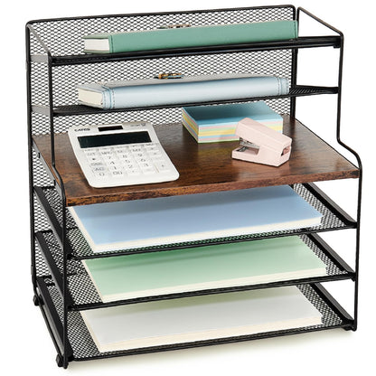 OPNICE 6-Tier Letter Tray Paper Organizer, Desk Organizers and Accessories, Desktop File Organizer, Office Desk Accessories for Office Supplies (Wood Brown)