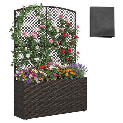 Happygrill Raised Garden Bed with Trellis, 58" Wicker Planter Box with Privacy Screen, Liner, Drainage for Patio Balcony, Outdoor PE Rattan Elevated Garden Bed for Climbing Plant Vine Flower (Brown,1)