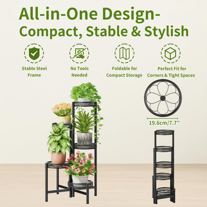 NQW Plant Stand Indoor Outdoor, 5 Tier Corner Metal Flower Display Holder Stand, Folding Tall Plant Rack for Patio Balcony Porch Garden Living Room House, Heavy Duty Wrought Iron Plant Shelf - BlackFlower