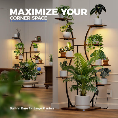 Barrina LS12 Corner Plant Stand with Grow Light, 62.2" Tall 9-Tier Plant Shelf for Large Plant, Warm Full Spectrum T5 Grow Lights, S-Shape Corner Flower Holder for Living Room, Home Decor, Gardening