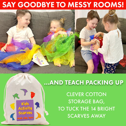 Covelico Play Scarves for Kids (14 Pack) – Montessori-Inspired Sensory Dance Scarves for Toddlers & Preschool, 7 Pairs of Music & Movement Props for Classroom, Daycare & PE, Waldorf Gross Motor Toys