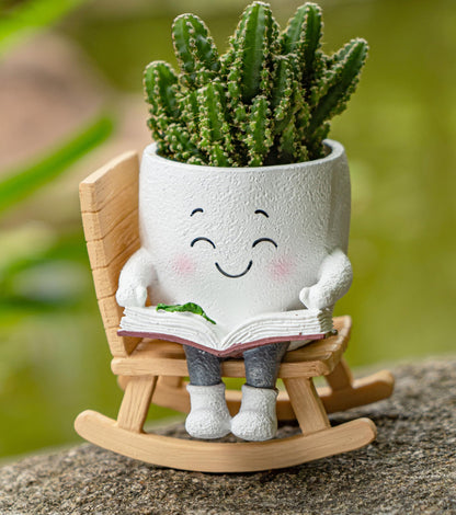 RZOIKZOI Rocking Chair Smiley Face Planter with Drainage Hole, Cute Plant Pots for Indoor Outdoor Plants,Unique Flower Pot for Succulents, Gift for Mother's Day, Birthday, Christmas(White)