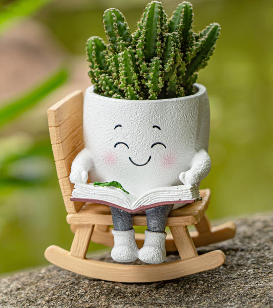 RZOIKZOI Rocking Chair Smiley Face Planter with Drainage Hole, Cute Plant Pots for Indoor Outdoor Plants,Unique Flower Pot for Succulents, Gift for Mother's Day, Birthday, Christmas(White)