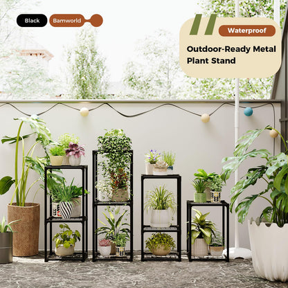 Bamworld Plant Stands Indoor 4 Sets Plant Shelves Outdoor Metal Plant Holder for Multiple Plants Flower Stands for Living Room Balcony Garden Patio Lawn Window Black