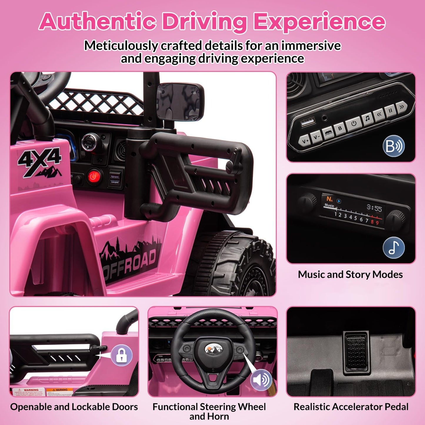 GarveeLife Kids Ride On Toy for Ages 37-96 Months, Electric Truck Ride On Toys with 5MPH Max Speed, Remote Control, Accelerator Pedal, Treaded Tires, Steering Wheel, Music and Story, Pink