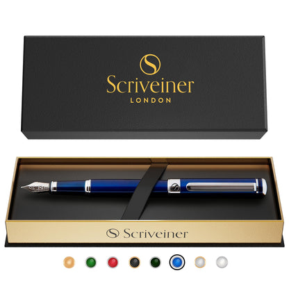 Scriveiner Midnight Blue Fountain Pen - Stunning Luxury Pen with Chrome Appointments, Schmidt Nib (Fine), Best Pen Gift Set for Men & Women, Professional, Executive, Office, Nice Pens