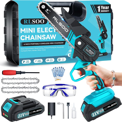 RLSOO Mini Chainsaw 6 Inch Cordless, Battery Powered Electric Handheld saw, Tree Trimmer Wood Branch Cutter for Household and Garden, Perfect for Woman, Seniors, Beginners, Seasoned Pros