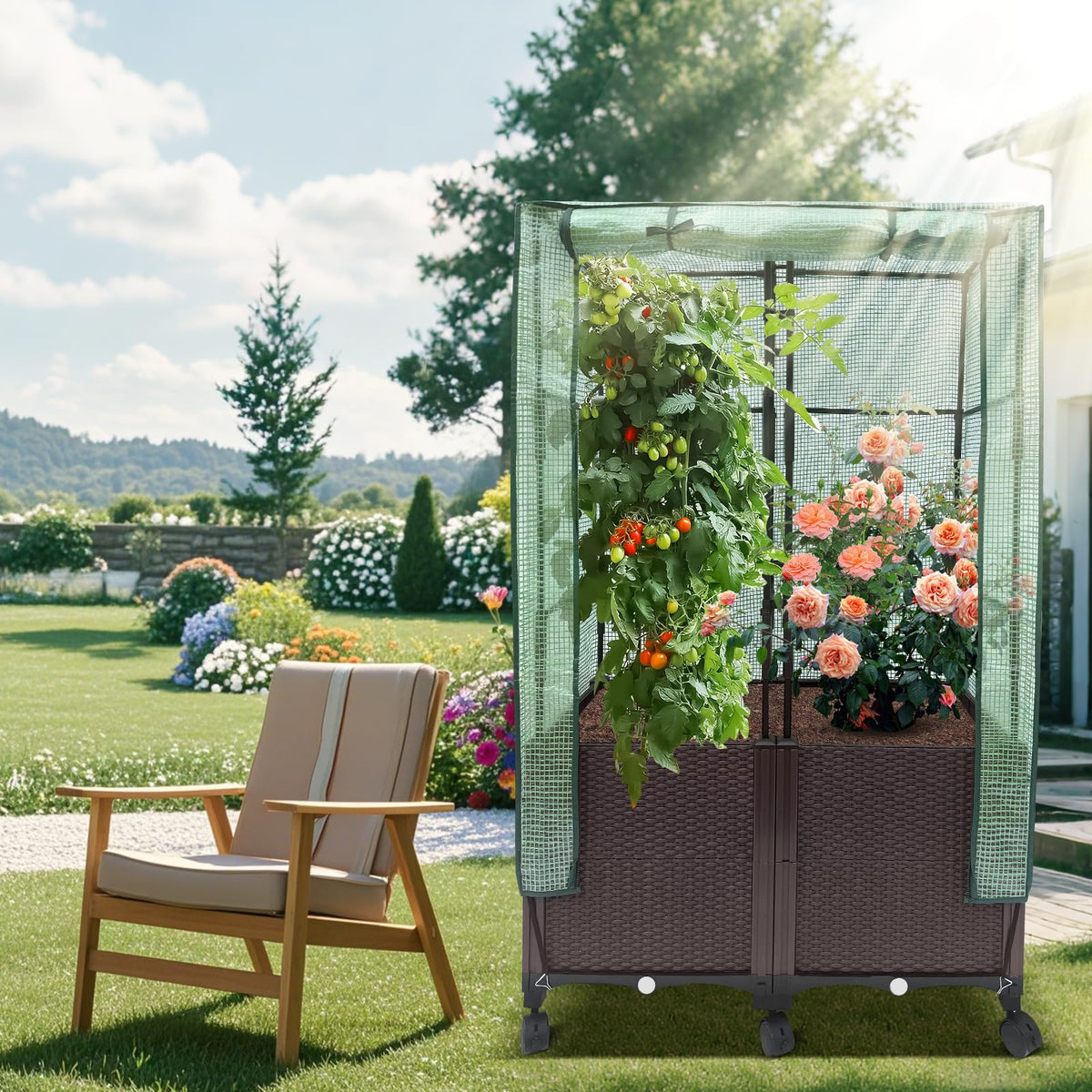 MAYOLIAH 3-in-1 Raised Garden Bed Large Planter Box with Trellis & Cover on Wheels Plastic Tomato Planter with Greenhouse for Deep Rooted & Climbing Plants 31.5x15.7x53-inch Brown