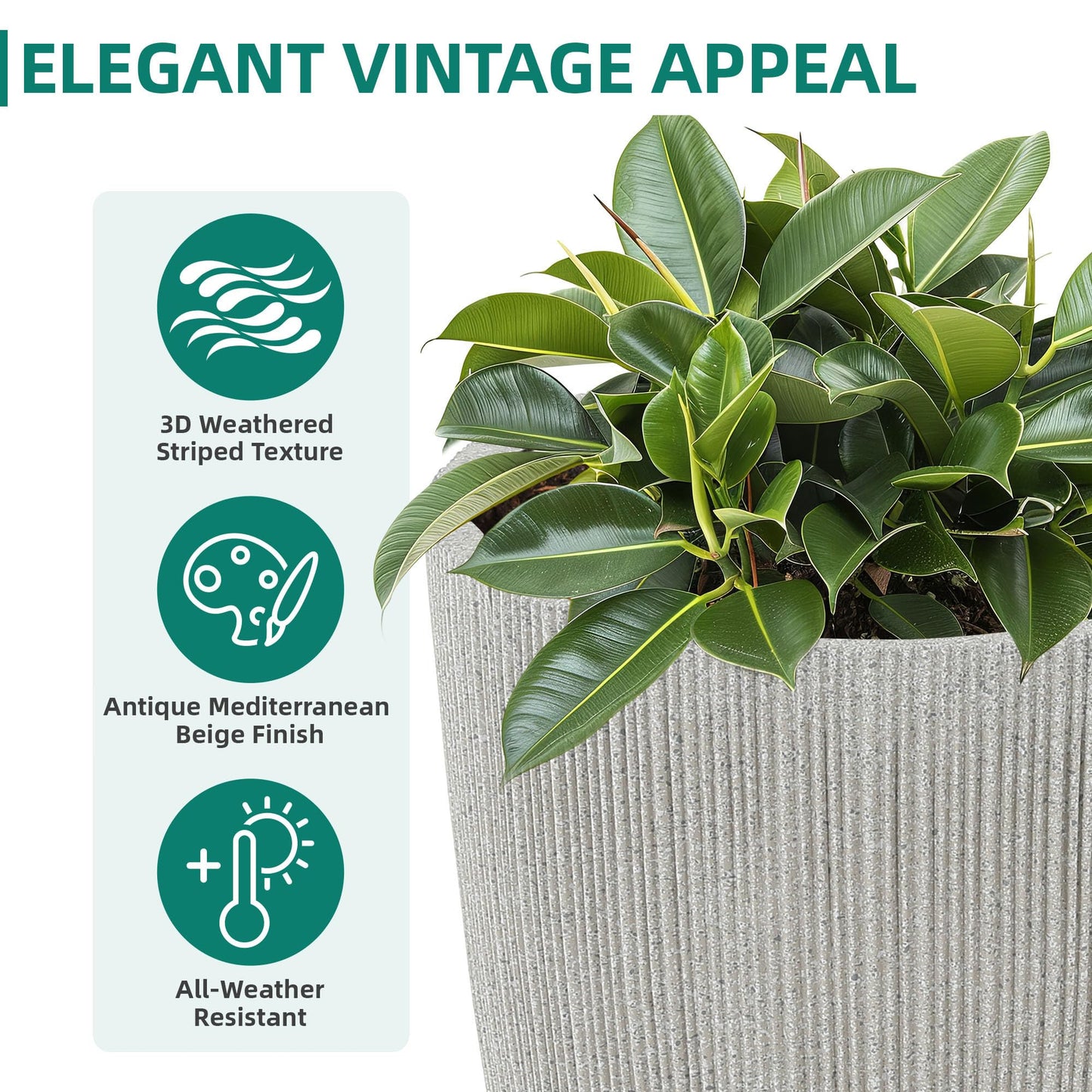 Ultym 19" Tall Beige Fluted Planters for Indoor & Outdoor, Set of 2 Large Mediterranean-Style Resin Flower Pots with Drainage Holes, UV & Weather Resistant for Patio Porch Home Office Decor