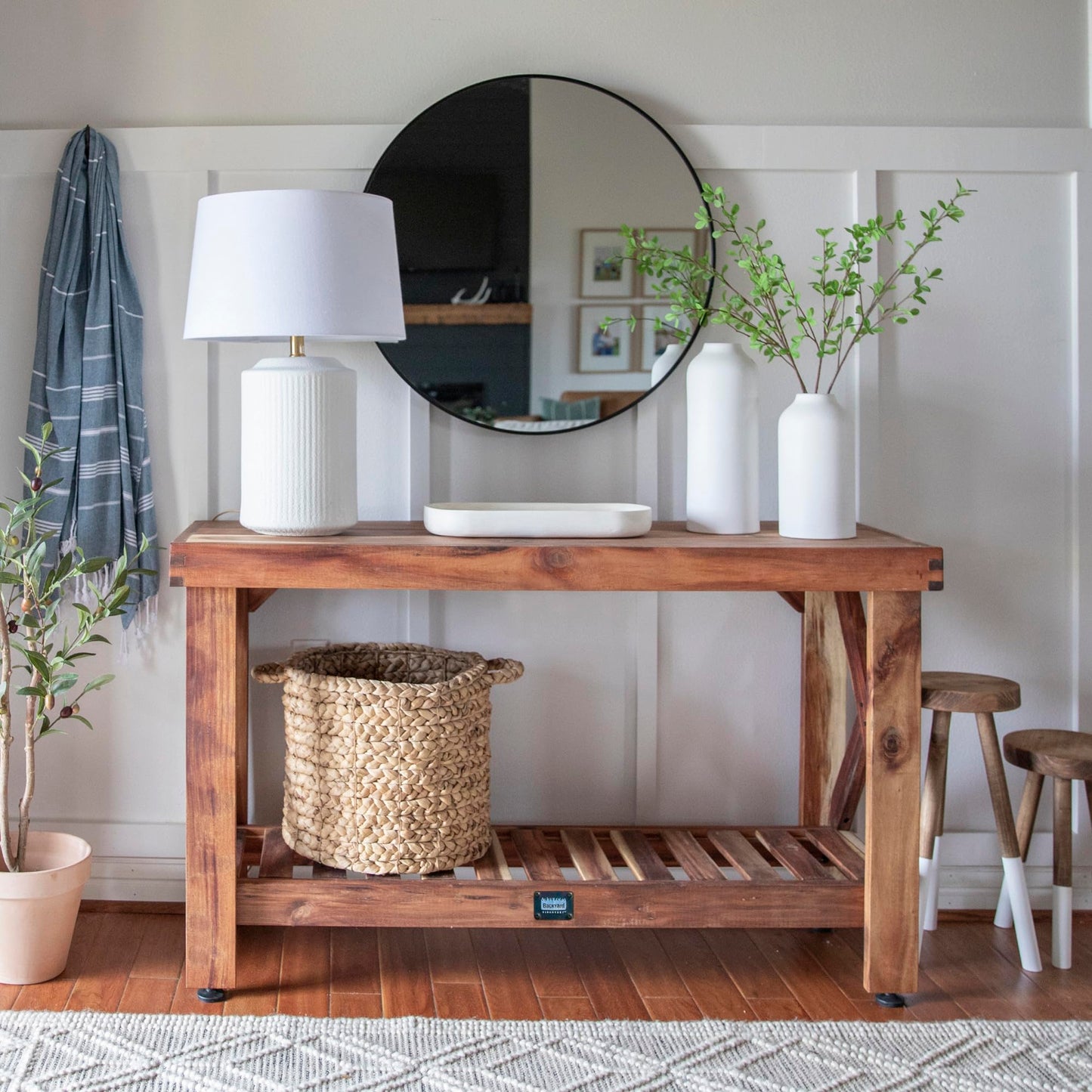 Backyard Discovery 48" Acacia Wood Farmhouse Narrow Console Table with Lower Slat Storage Shelf, Water-Resistant Design for Patio, Deck, Entryway, Living Room, Sofa Table, Indoor or Outdoor Use