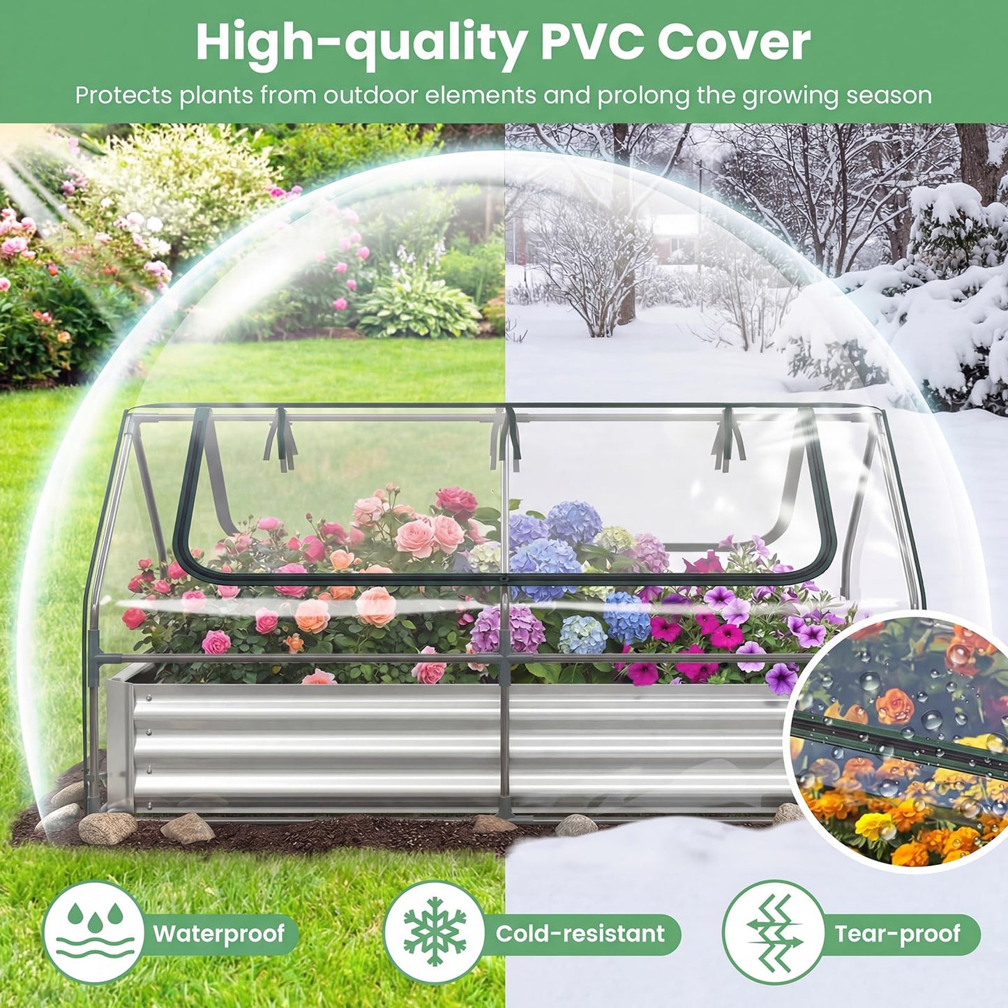 HAPPYGRILL Raised Garden Bed with Cover, Galvanized Metal Planter Box Kit w/2 Large Zipper Mesh Screen Windows, Outdoor Raised Beds for Gardening, Flowers, Vegetables (Silver)