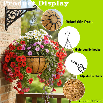 JFFLYIT 4 Pack 14" Round Metal Hanging Basket for Outdoor Plants Durable Large Hanging Planter with Coco Coir Round Plant Holders Planter for Outside Garden Decoration (Circular)