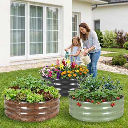 Permade Galvanized Raised Garden Bed- 2Pcs Metal Planter Boxes Outdoor | 12" Tall 36" Round Steel Raised Bed Kit & Fire Pit Ring for Gardening with Protective Tape for Vegetables, Flower (Grey)