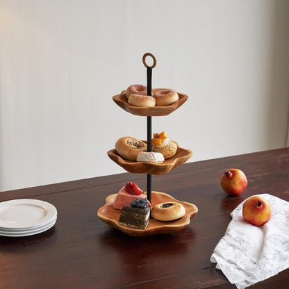 PJCOLL [PJ Collection] 3 Tier Wood Fruit and Snack Basket, Multi-Level Serving Tray, 3 Tier Cupcake Stand, Wood Plate, Three Tier Fruit Stand, Fruit Stand Holder, Handcrafted Home Goods (Round)