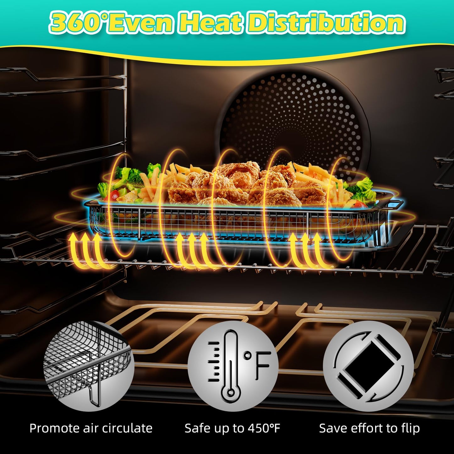 Air Fryer Basket for Oven, OPENICE 15.3" x 11.0" Air Fryer Tray and Pan Set with 30PCS Parchment Papers, Stainless Steel Oven Air Fryer Basket and Tray for Baking Grilling - Black