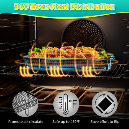 Air Fryer Basket for Oven, OPENICE 15.3" x 11.0" Air Fryer Tray and Pan Set with 30PCS Parchment Papers, Stainless Steel Oven Air Fryer Basket and Tray for Baking Grilling - Black