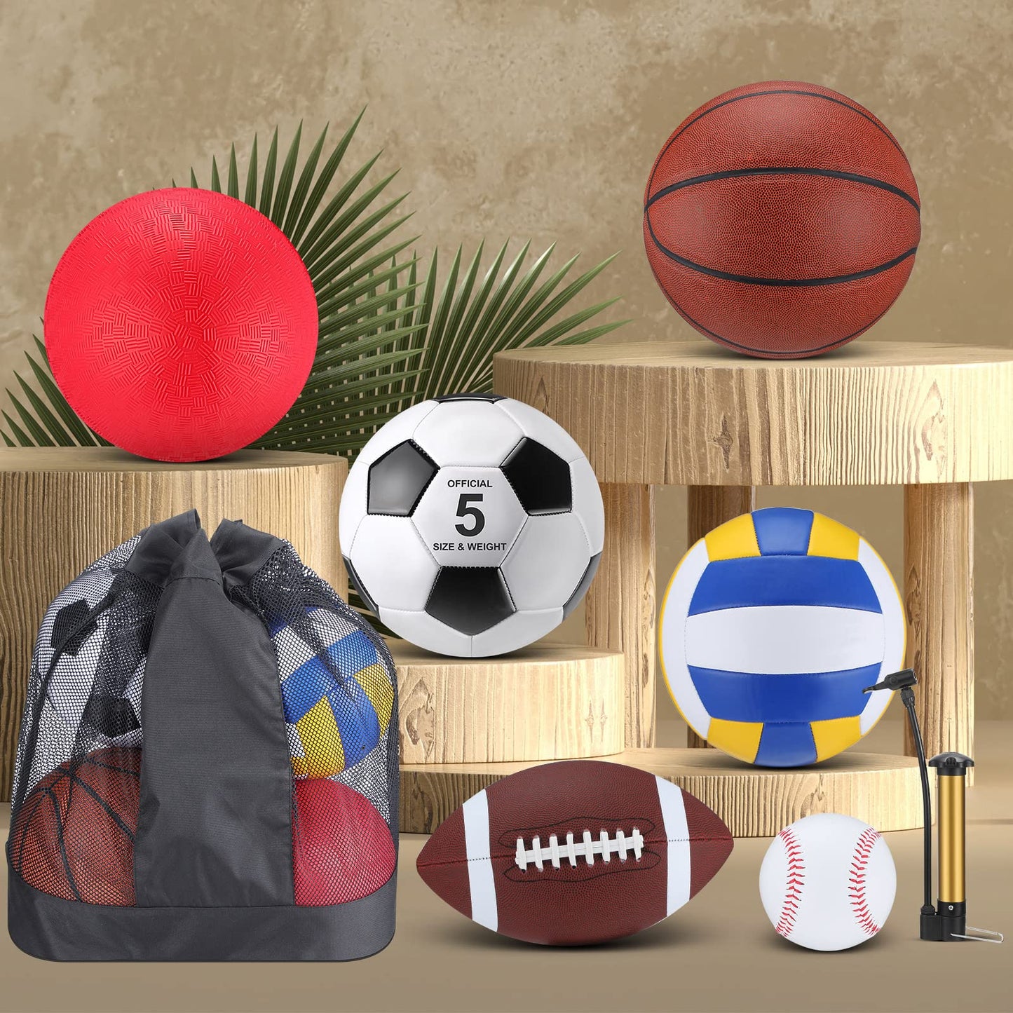 Leyndo 18 Pcs Sport Balls Bulk Set Basketball Football Volleyball Soccer Playground Baseball with Sport Equipment Bag Pump for Adults Gifts Outdoor Indoor(Brown)