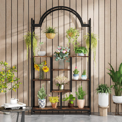 Tribesigns 5-Tier Tall Indoor Plant Stand, 74.8'' Arched Metal Flower Shelf with Hanging Hooks, Large Bonsai Pots Display Rack for Indoor, Balcony, Living Room