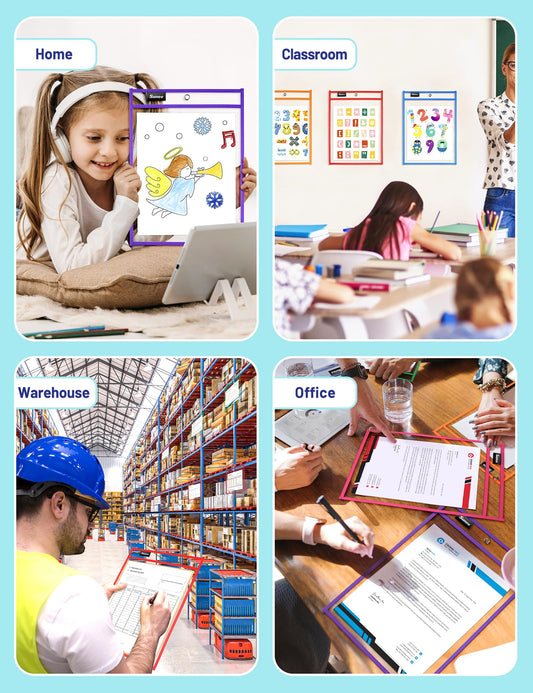SUNEE 30 Packs Oversized Reusable Dry Erase Pocket Sleeves with 2 Rings, 10 Assorted Colors 10x14 Ticket Holders, Clear Plastic Sheet Protectors, Teacher School Classroom Supplies