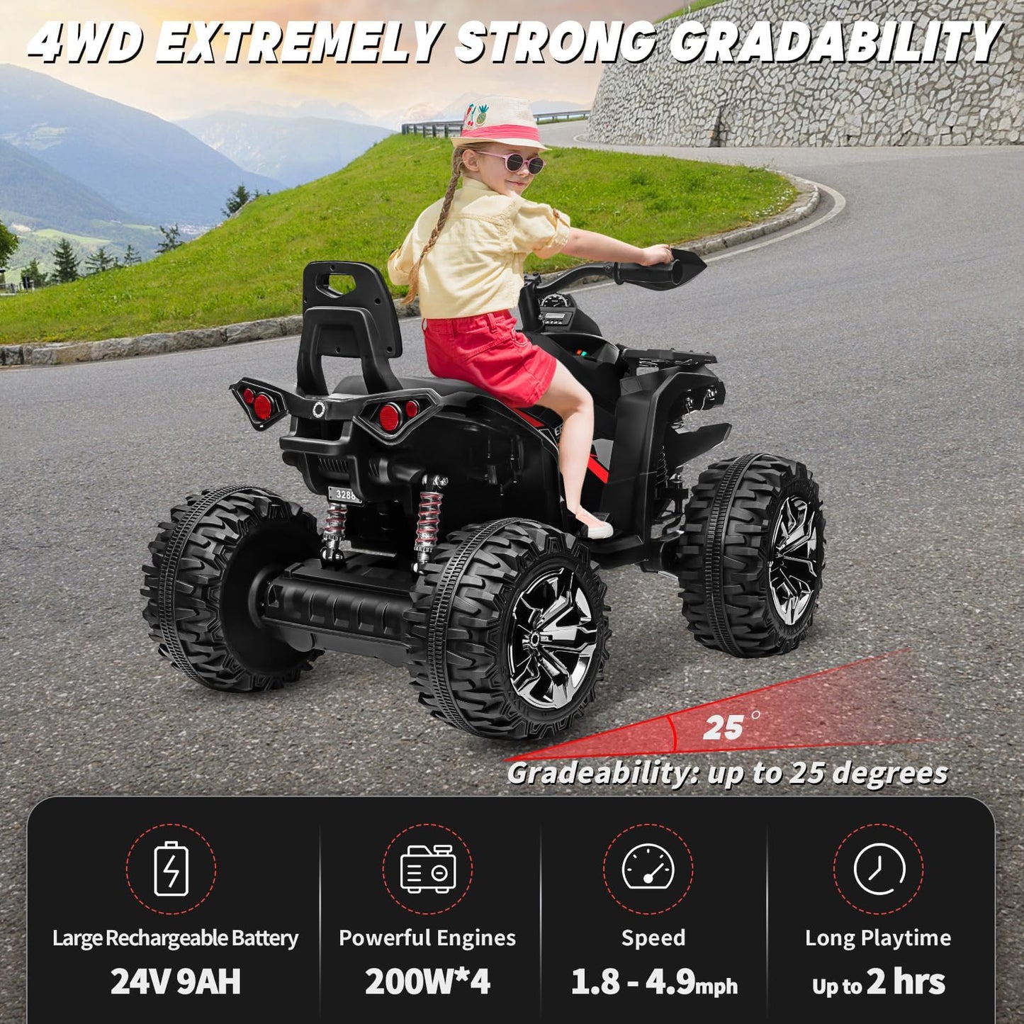JOYRACER 24V Kids ATV 4 Wheeler, 4x4 Ride On Toys Car w/ 800W Motors, 9AH Battery Powered Car w/Remote Control, Bluetooth, MP3, USB, Spring Suspension, 2-Seater Quad for Boys Girls, Black