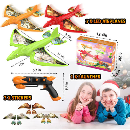 Onysurui 3 Pack Dinosaur Airplane Launcher Toys,Flying Toys for 3 4 5 6 7 8 9 10 Year Old Boys,Kids Toys 5 6 7 8 9 10 12 Year Old Boy Gift Ideas,Airplane B-Day Party Supplies, Green,Orange,red