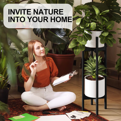 MUDEELA 2 Pack Indoor Plant Stands, 2 Tier Tall Plant Stand 30 inches, Mid Century Bamboo Plant Stand, Adjustable Width 8 - 12 inches, Fits Pot Size of 8 9 10 11 12 inches Pot & Plant Not Included, Black