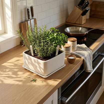 MyGift Modern White Ceramic Square Indoor Small Planter, Flower Succulent Plant Pot with Drainage Hole and Removable Drip Tray