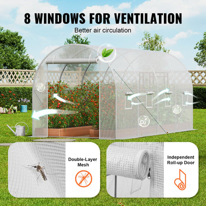 VEVOR Walk-in Tunnel Greenhouse, 14.6x6.4x6.3 ft Hoop House Greenhouse Tunnel, Plant Hot House with Galvanized Steel Frame, White PE Cover, Roll-up Zipper Door and 8 Windows for Outdoor
