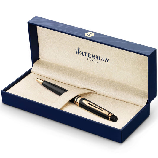 Waterman Expert Ballpoint Pen, Black with Golden Trim, Medium Tip, Blue Ink, Gift Box