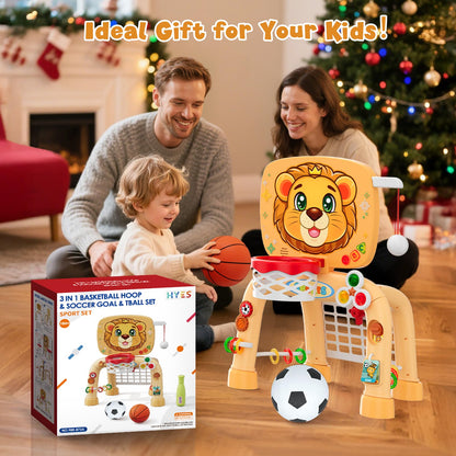 HYES Toddler Basketball Hoop Tball Set & Soccer Goal - Lion Sport Toys for 1 Year Old Boy with Learning Activities (Abacus/Alphabet/Animals Sounds) Christmas Birthday Gifts for Baby Boy Age 1 2 3