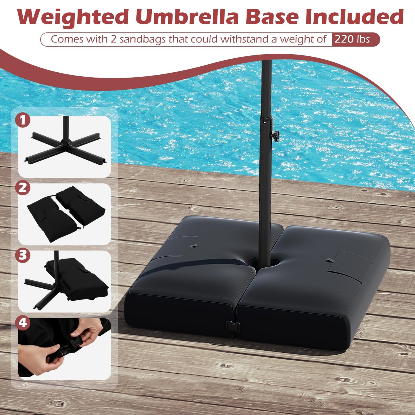 Tangkula 10ft Solar Patio Umbrella with Base Included, Offset Cantilever Outdoor Umbrella with 32 LED Lights, Infinite Tilt, 360 Degree Rotation, Crank Handle for Pool Deck Garden Backyard (Wine)