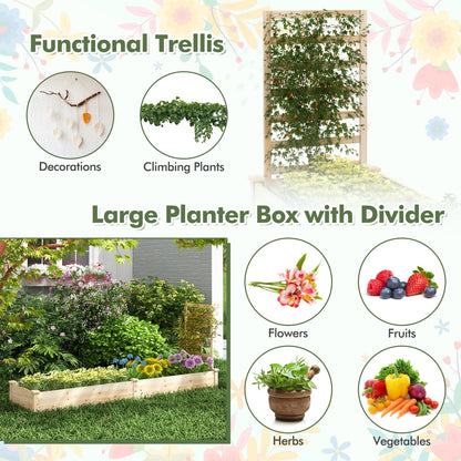 HAPPYGRILL Raised Garden Bed with Trellis, Wooden Garden Box with Divided Space for Vegetables, Flowers, Fruits, Climbing Plants, Outdoor Elevated Planter Box for Yard Patio, 93”L x 25”W x 40”H