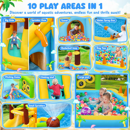 GYMMALL Inflatable Water Slide Bounce House with 450 W Blower, Blow up 10-in-1 Waterslide Park Bouncy Castle Outdoor and Indoor, Bouncer House with Splash Pool, Sprinklers and Long Slide