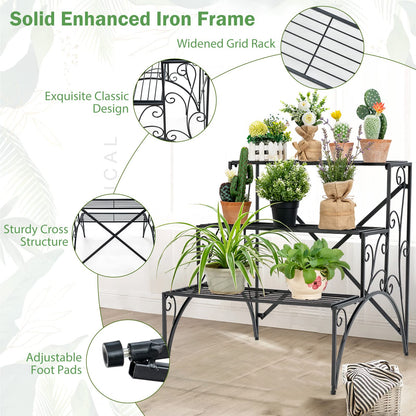 Giantex 3 Tier Metal Plant Stand, Black Corner Plant Stand Indoor w/ Widened Grid Shelf & Non-Slip Foot Pads, Display Rack Holder for Outdoor Porch Garden Patio Balcony