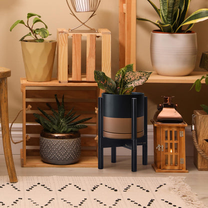 D'vine Dev Ceramic Planter with Ebony Stand - 8 Inch Modern Round Flower Pot with Wood Planter Holder, Black/Speckled Tan, 55-B-M-7