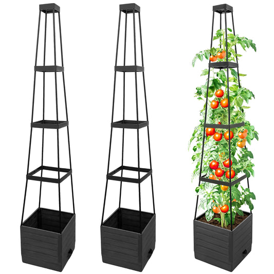SYITCUN Tomato Planter with Trellis, 57 Inch Self-Watering Planter Box 2-Pack, Grey Planter with Metal Support for Outdoor Indoor Climbing Plants