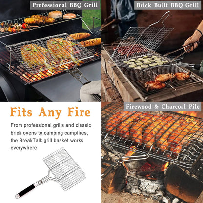 BBQ Fish Grill Basket with Basting Brush – 20.5"x13.5" Lockable Nonstick Grilling Basket with Beech Wood Handle, Chrome-Plated Carbon Steel Mesh for Fish, Meat, Vegetables
