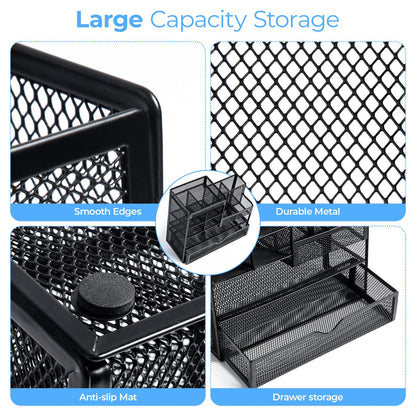 M&G Mesh Pen Holder for Desk, Multi-Functional Pencil Holder with Drawer Desk Organizer, Large Capacity Office Desk organizers and Accessories (Black)