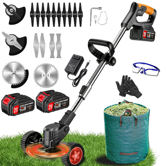 Cordless Weed Wacker Eater Battery Powered Electric Weed Trimmer with 2 21V/2.0Ah Battery Operated & Weed Storage Bag, No-String Grass Trimmer 4 Types Blades for Garden Yard