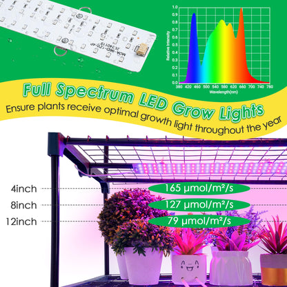 Meonum Indoor Greenhouse with LED Grow Lights, 4 Tier Mini Greenhouse with Roll-Up Zipper PVC Waterproof Cover and Trays, Dimmable Plant Grow Light for Indoor Plant with Timer, 27 L X 19 W X 63 H
