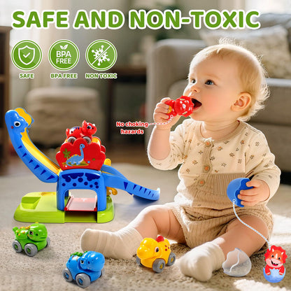 Marstone Toddler Toys 1 2 Year Old Boy Gifts: Dinosaur Slide with 4 Animal Cars Educational Baby Toys 12-18 Months, First 1st Birthday Gifts for Kids, Girls, Push Car Race Track for Toddlers 1-3
