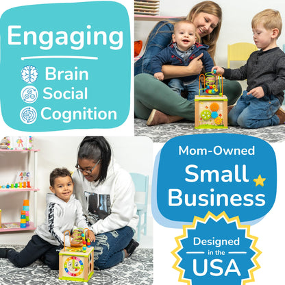 Wooden Kids Baby Activity Cube - Boys Gift Set | One 1, 2 Year Old Boy Gifts Toys | Developmental Toddler Educational Learning Boy Toys 12-18 Months | Bead Maze, First Birthday Gift
