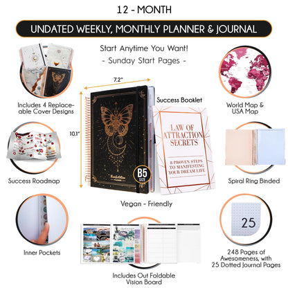 Manifestation Journal – Hourly, Weekly & Monthly Planner | 12-Month to Increase Productivity, Life Organizer & Goal Planner | Spiral Journal, Habit Tracker, Foldable Vision Board, Gift Box & Stickers